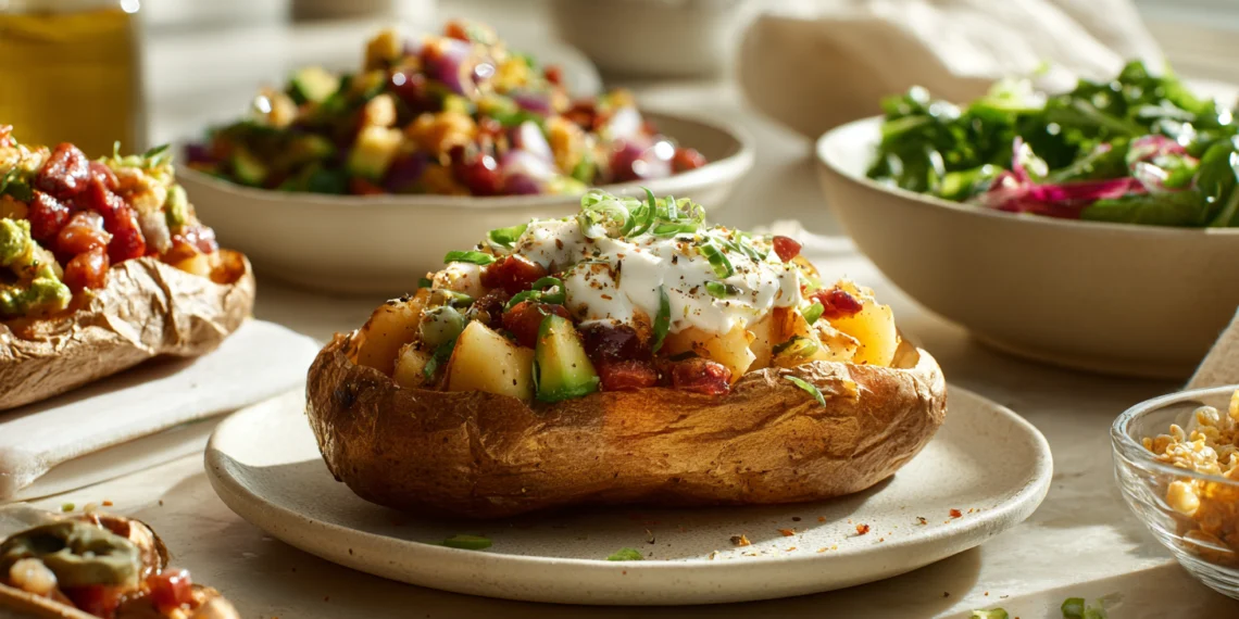Baked potato bar with cheese, sour cream, veggies, and bacon – a quick customizable 30-minute meal.