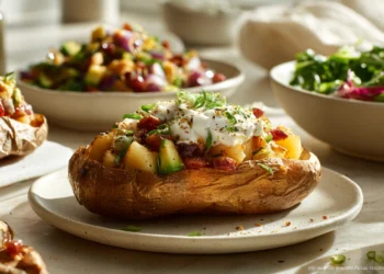 Baked potato bar with cheese, sour cream, veggies, and bacon – a quick customizable 30-minute meal.