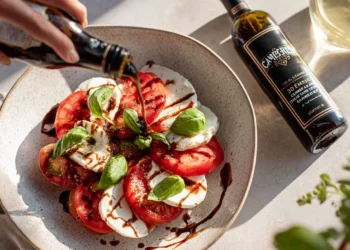 Caprese salad with tomatoes, mozzarella, basil, and balsamic glaze – a quick 30-minute healthy meal.