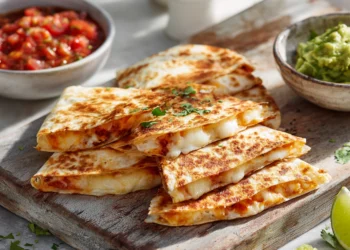 Cheesy quesadillas with salsa and guacamole – a quick and easy 30-minute Mexican-inspired meal.