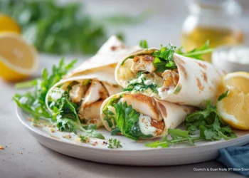 Chicken Caesar Salad Wraps with grilled chicken, romaine lettuce, and parmesan in a tortilla wrap, ready in 30 minutes.