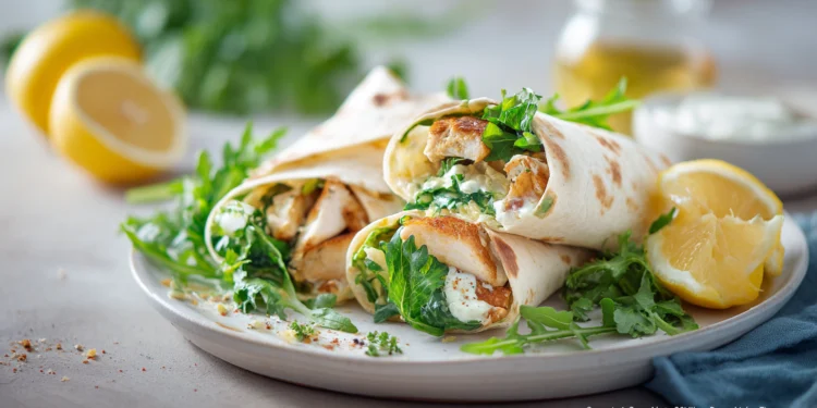 Chicken Caesar Salad Wraps with grilled chicken, romaine lettuce, and parmesan in a tortilla wrap, ready in 30 minutes.