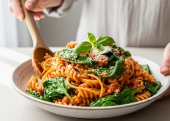 Creamy tomato pasta with spinach in white bowl - 30 minute healthy dinner recipe