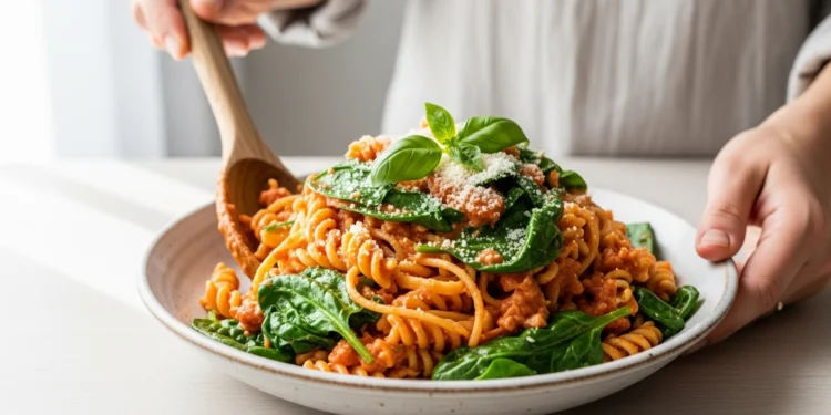 Creamy tomato pasta with spinach in white bowl - 30 minute healthy dinner recipe