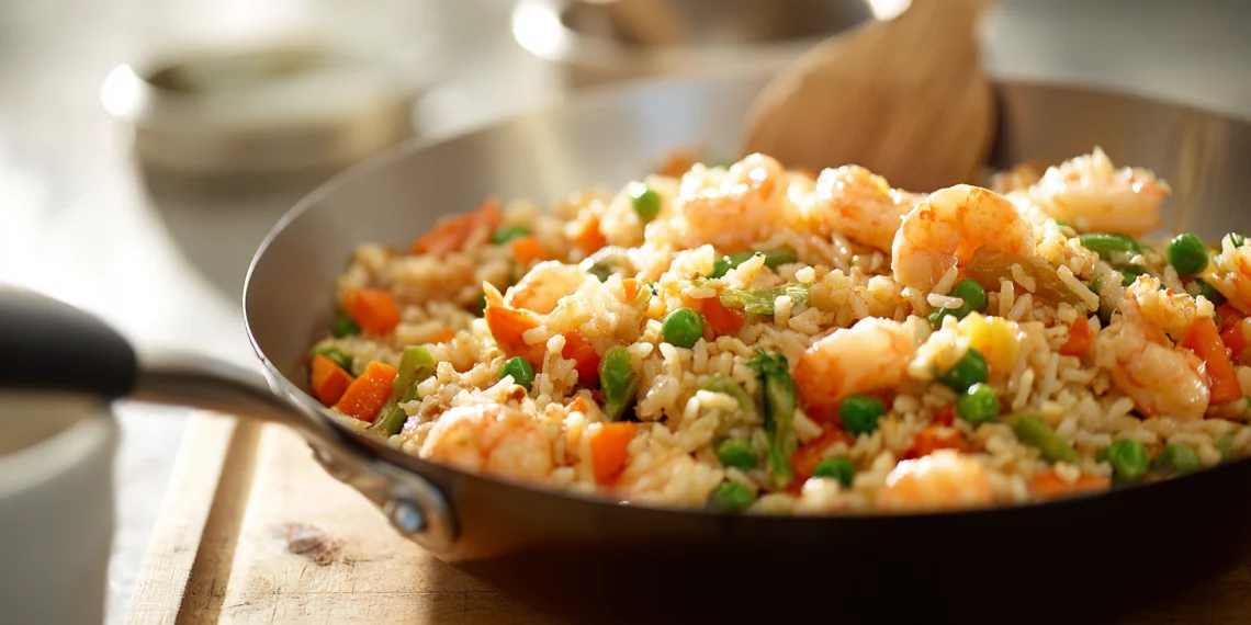 Shrimp fried rice with colorful vegetables, a healthy 30-minute meal for busy weeknights.
