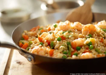 Shrimp fried rice with colorful vegetables, a healthy 30-minute meal for busy weeknights.