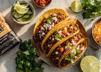 Ground beef tacos with cheese, lettuce, salsa, and guacamole — a quick and easy 30-minute family meal.