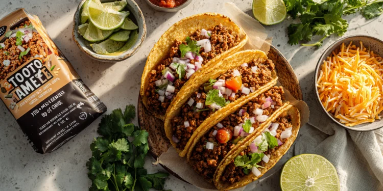 Ground beef tacos with cheese, lettuce, salsa, and guacamole — a quick and easy 30-minute family meal.