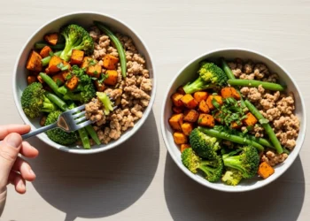 Ground turkey and mixed vegetable bowls served over rice in a quick and easy 30-minute healthy dinner recipe.