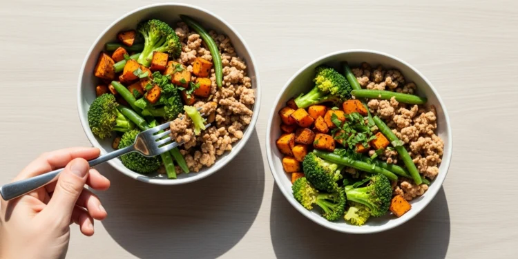 Ground turkey and mixed vegetable bowls served over rice in a quick and easy 30-minute healthy dinner recipe.