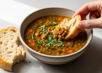 Quick lentil soup recipe with crusty bread, topped with fresh herbs in a white ceramic bowl on wooden surface.