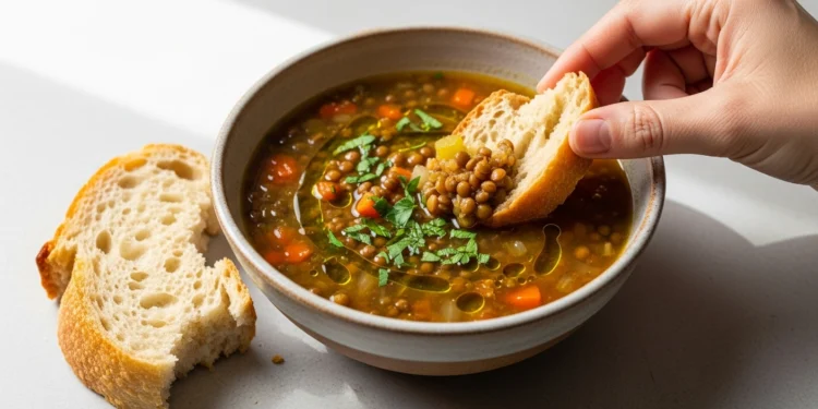 Quick lentil soup recipe with crusty bread, topped with fresh herbs in a white ceramic bowl on wooden surface.