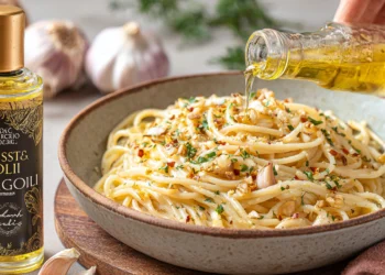 Pasta Aglio e Olio with garlic, olive oil, and chili flakes – a simple 30-minute Italian meal.