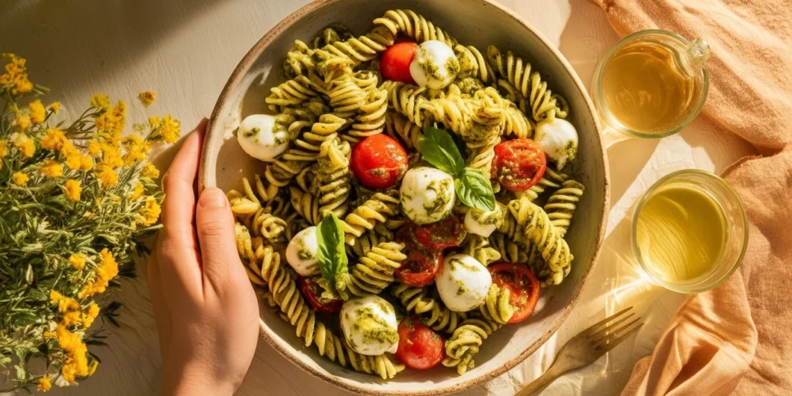 Quick 30-minute pesto pasta with cherry tomatoes and mozzarella – a fresh and easy weeknight meal.