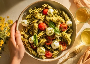 Quick 30-minute pesto pasta with cherry tomatoes and mozzarella – a fresh and easy weeknight meal.