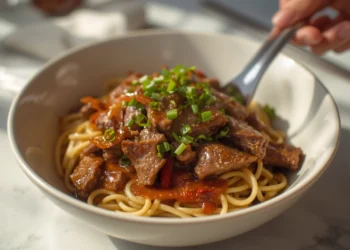 Beef stir-fry with noodles, bell peppers, and broccoli – a flavorful 30-minute Asian-inspired dinner.
