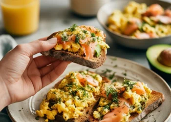Healthy 30-minute scrambled eggs with smoked salmon and avocado toast – a protein-packed breakfast or brunch.