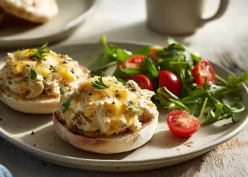 Quick 30-minute tuna melts on English muffins with creamy tuna salad and melted cheese.
