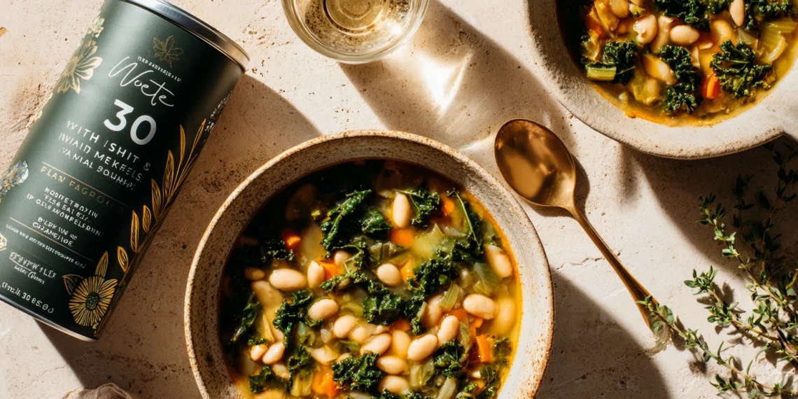 30-minute white bean and kale soup in a bowl, warm and hearty with greens and beans, perfect for a quick healthy meal.