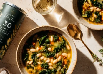 30-minute white bean and kale soup in a bowl, warm and hearty with greens and beans, perfect for a quick healthy meal.