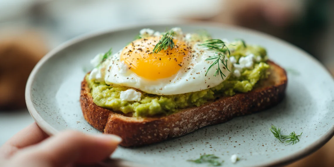 Easy avocado toast with fried egg on whole wheat bread, ready in 5 minutes for busy family breakfast