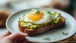 Easy avocado toast with fried egg on whole wheat bread, ready in 5 minutes for busy family breakfast