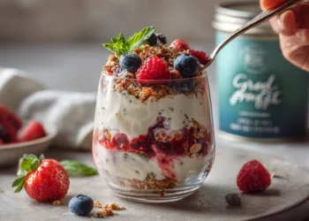 Greek yogurt parfait with strawberries, blueberries, granola, and honey in a clear glass.