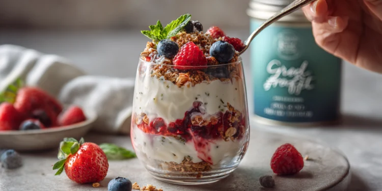 Greek yogurt parfait with strawberries, blueberries, granola, and honey in a clear glass.