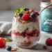 Greek yogurt parfait with strawberries, blueberries, granola, and honey in a clear glass.