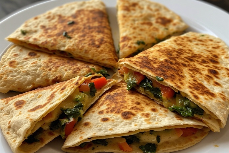 Golden loaded veggie quesadillas stuffed with beans, peppers, corn, and melted cheese, perfect for a quick meal.