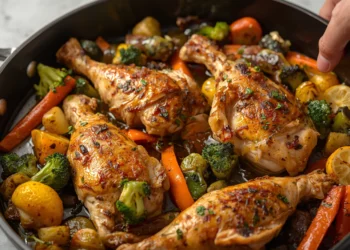 One-pan lemon herb roasted chicken with carrots, potatoes, and green beans – a quick, healthy 30-minute dinner.
