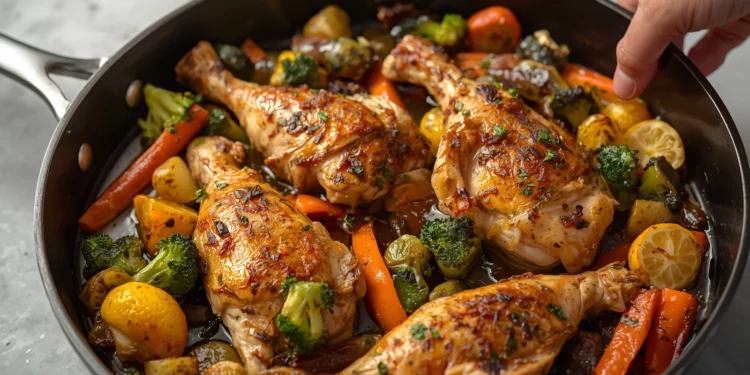 One-pan lemon herb roasted chicken with carrots, potatoes, and green beans – a quick, healthy 30-minute dinner.