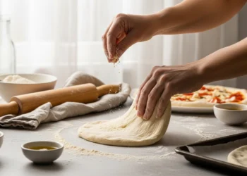 Homemade pizza dough being shaped by hand on a floured surface, made in 30 minutes for an easy pizza night recipe.