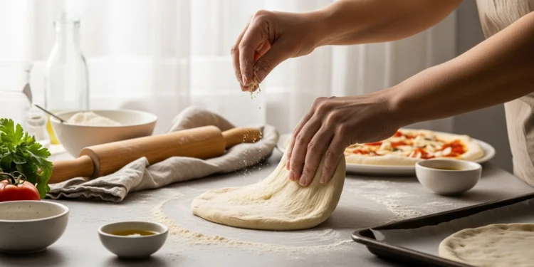 Homemade pizza dough being shaped by hand on a floured surface, made in 30 minutes for an easy pizza night recipe.