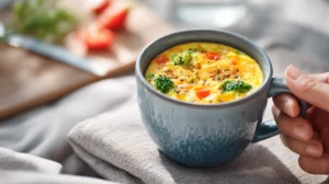 Microwave mug omelette with peppers, spinach, and cheese, served in a white ceramic mug.