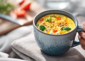 Microwave mug omelette with peppers, spinach, and cheese, served in a white ceramic mug.
