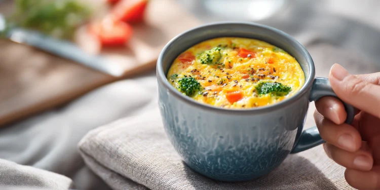 Microwave mug omelette with peppers, spinach, and cheese, served in a white ceramic mug.