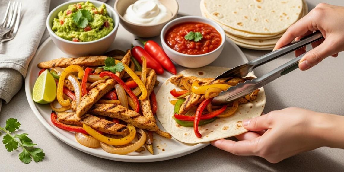 Quick chicken fajitas with colorful peppers, onions, tortillas and fresh toppings on rustic wooden table