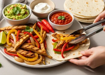 Quick chicken fajitas with colorful peppers, onions, tortillas and fresh toppings on rustic wooden table