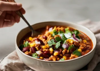 Quick 30-minute chili with beans, tomatoes, and ground meat – a warm, comforting meal for cold nights.