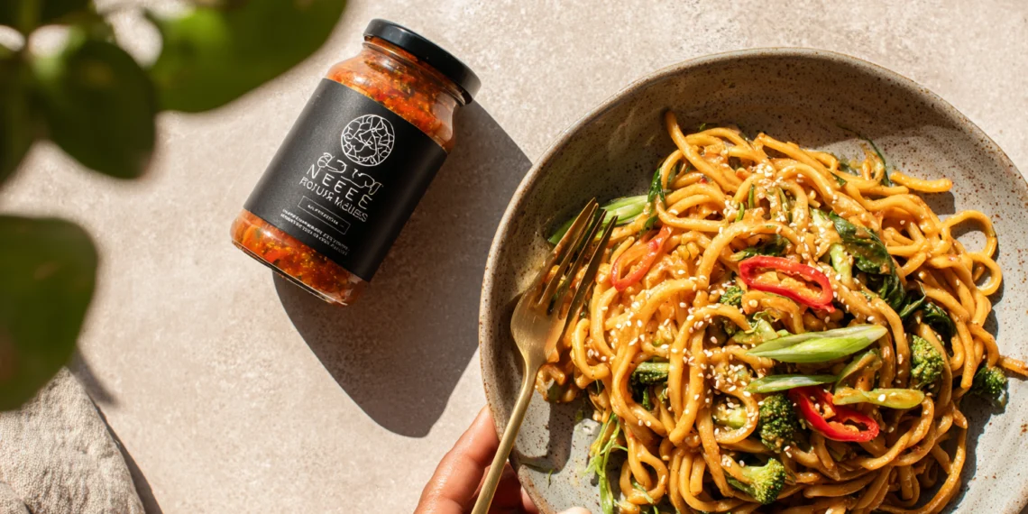 Vegan spicy peanut noodles with colorful vegetables – a quick and healthy 30-minute meal.