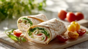 Turkey and cheese wrap with lettuce and tomato in a flour tortilla, sliced and ready to serve.