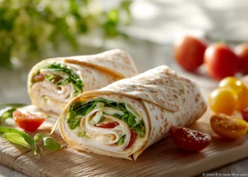 Turkey and cheese wrap with lettuce and tomato in a flour tortilla, sliced and ready to serve.