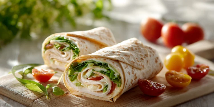 Turkey and cheese wrap with lettuce and tomato in a flour tortilla, sliced and ready to serve.
