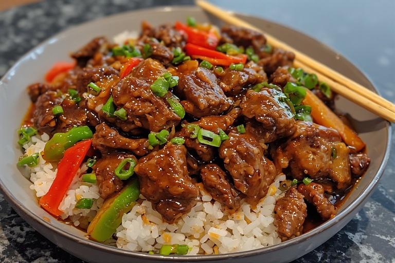 Homemade teriyaki beef stir-fry with broccoli, carrots, and peppers in a glossy sauce over rice.