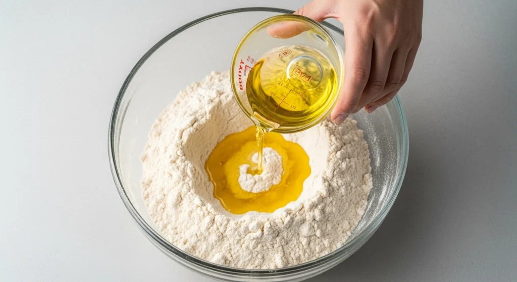 Add Wet Ingredients (1 minute) Make a well in the center of your flour mixture – basically push the flour to the sides to create a crater in the middle