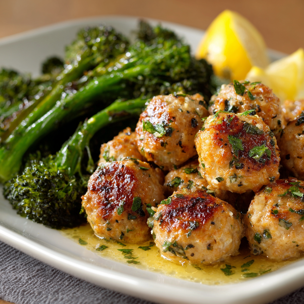 Lemon Herb Turkey Meatballs with Roasted Broccoli