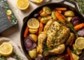 One-pan lemon herb roasted chicken with broccoli, carrots, and potatoes, a healthy and easy weeknight dinner.