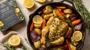 One-pan lemon herb roasted chicken with broccoli, carrots, and potatoes, a healthy and easy weeknight dinner.