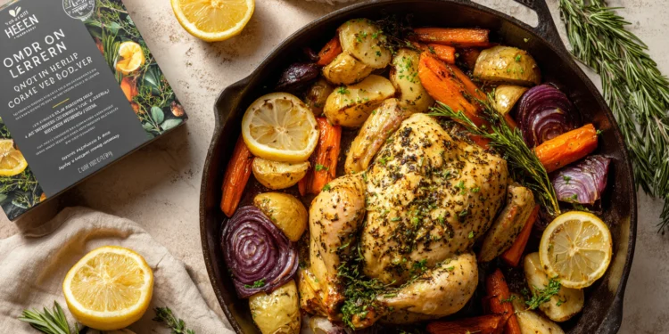 One-pan lemon herb roasted chicken with broccoli, carrots, and potatoes, a healthy and easy weeknight dinner.